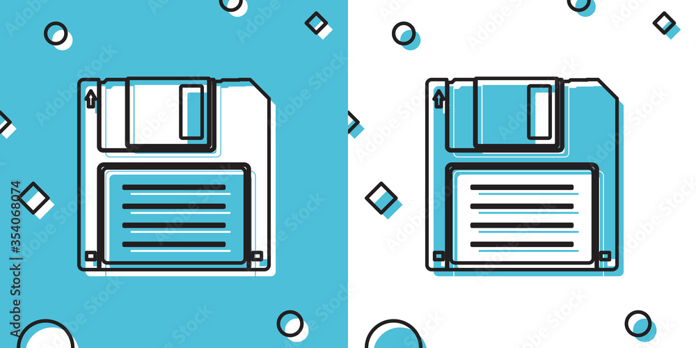 Poster black floppy disk for computer data storage icon isolated on blue and white background. diskette sig