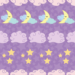 Cute seamless pattern clouds, moon, and stars in pastel colors
