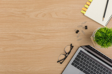 Top view Wood office desk table. Flat lay Workspace