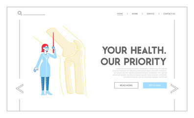 Medical Healthcare Landing Page Template. Doctor Orthopedist Character with Pointer Look at Huge Picture of Leg Skeleton Bones. Patient Treatment in Orthopedics Hospital. Linear Vector Illustration