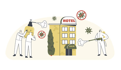 Hotel Disinfection, Coronavirus Contamination. Human Characters Wearing Protective Hazmat Suits Spraying Antibacterial Liquid on Huge Covid19 Cell Flying in Air. Linear Vector People Illustration