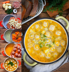 Collage of step by step cooking potato soup with meatballs, selective focus