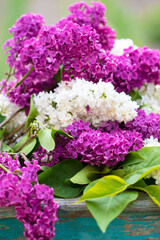 Fototapeta premium Spring or summer background. A bouquet of lilacs and yellow tulips on a wooden chair. Beautiful flowers on a green background.