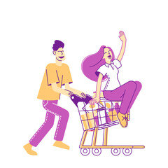 Happy Couple Characters Fool in Supermarket Riding Trolley. Happy Man Pushing Shopping Cart with his Girlfriend Sitting inside. Sparetime, Leisure, Vacation Fun. Linear People Vector Illustration