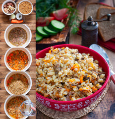 Collage of step by step cooking pearl barley porridge with beef stew, selective focus