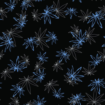 Cannabis seamless pattern on black background. Marijuana leaves seamless vector pattern. Fabric textile texture. Marijuana icon. Organic textile. Vector art. Graphic vector. Hand drawn style.