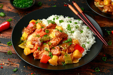 Pineapple and Chicken in sweet and sour sauce with bell pepper, rice and spring onion on wooden table