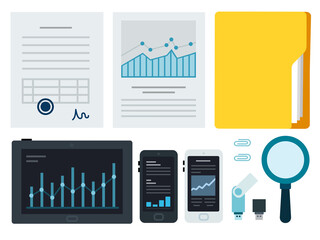 Concept vector icons business documents and modern technology in flat style.