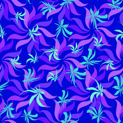 seamless texture of cannabis marijuana leaves in a bright abstract style blue neon background print on textiles on fabric covers souvenir products plastic bags