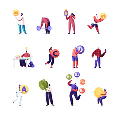 Set of People Applying Vitamins and Microelements. Male and Female Characters Study, Sports Exercising, Eating Healthy Food. Men and Women Isolated on White Background Cartoon Vector Illustration