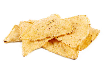tortilla or nachos chips isolated on white background. corn tortilla or nachos chips isolated on white background. Crunchy tortilla or nachos chips isolated on white background