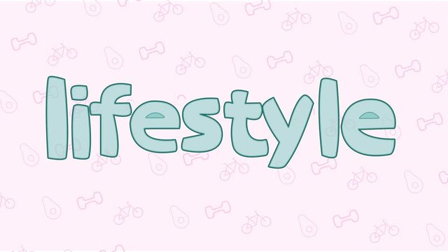 Animation of lifestyle moving letters and text background. avocado, bicycle, sport and fitness moving pictures. Healthy food and style of life concept. Pink and blue colours.