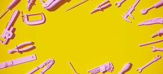 Minimal composition for repair and construction concept. Pink workshop tools set on yellow background background. 3d rendering illustration.