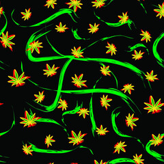 Naklejka premium hemp reggae seamless pattern great for fabric wrapping paper leaves on a black background