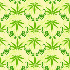 hemp monogram decorative seamless pattern green leaves in vintage style on a yellow background