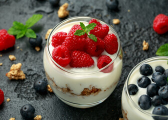 Greek yogurt with granola, raspberry, blueberry in glass jar. Healthy breakfast food or snack