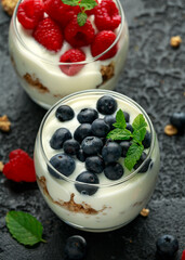 Greek yogurt with granola, raspberry, blueberry in glass jar. Healthy breakfast food or snack