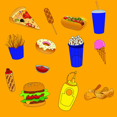 
Set of illustrations of food and fast food on an orange background.