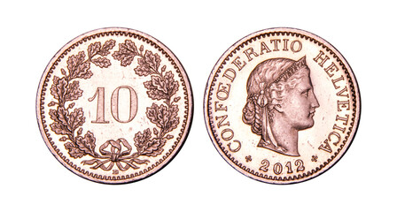 10 Centimes of Swiss Franc Coin, 2012, Switzerland, Current National Currency
