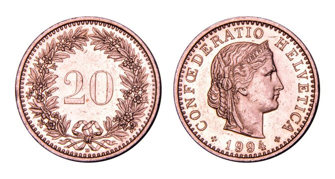 20 Centimes of Swiss Franc Coin, 1994, Switzerland, Current National Currency