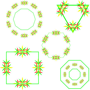 set of vector characters icons of isolated green plants hemp cannabis marijuana leaves art brushes rastaman frames monograms spare parts