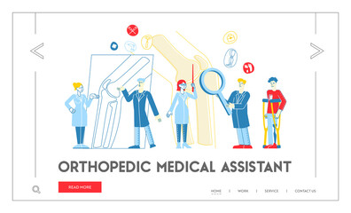 Orthopedics Concilium, Healthcare Landing Page Template. Doctor Traumatologist Character Look at X-ray with Joint Disease Discuss Patient Treatment with Colleague. Linear People Vector Illustration