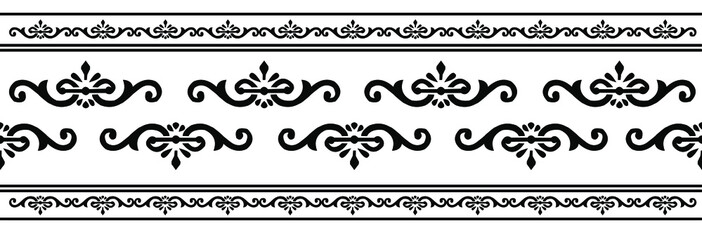 Fototapeta premium Flowers and spirals Saree border design concept - Indian Traditional and Cultural Rangoli, Alpona, Kolam or Paisley vector line art