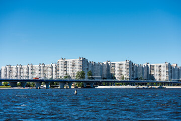 Modern apartments on the riverbank of Neva river in St. Petersburg, Russia.