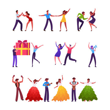 Set of Male and Female Characters Dancing Samba on Brazil Carnival. Mexican or Spain Men and Women Dance, Playing Guitar, People Giving Gifts Isolated on White Background. Cartoon Vector Illustration
