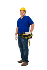 construction man workers in blue shirt with Protective gloves, helmet with tool belt isolated on white