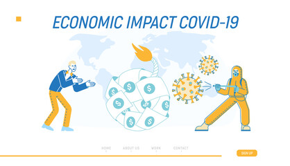 Global Economic Crisis Due to Covid19 Landing Page Template. Trade Market and Finance Decrease. Human Character in Protective Suit, Stressed Businessman at Decline Arrows. Linear Vector Illustration