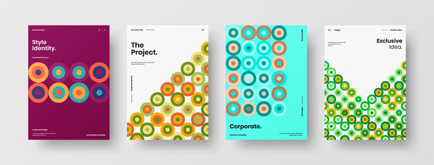 Fototapeta premium Company identity brochure template collection. Business presentation vector A4 vertical orientation front page mock up set. Corporate report cover abstract geometric illustration design layout bundle.