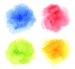Blue, red, light lime green and yellow watercolor painted in circle shape on a white rough watercolor paper. Four colors isolated on white background.