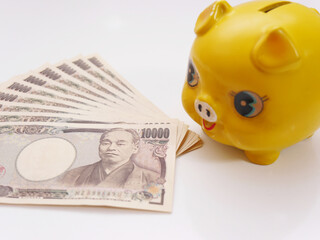 黄色い豚の貯金箱と１万円札１０枚