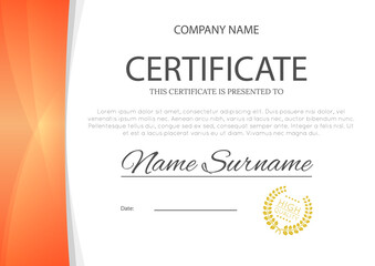 Modern ornage color certificate or diploma A4 horisontal template design vector illustration mock-up. EPS 10
