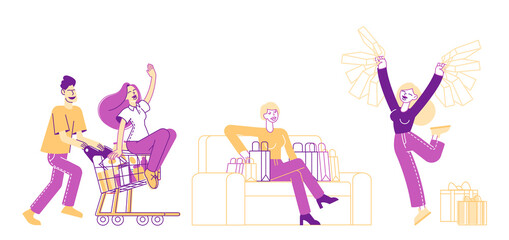 Shopaholic Characters Spare Time. Couple Fool in Supermarket Riding Trolley. Cheerful Woman Hold Shopping Bags with Purchases. Happy Man Push Shopping Cart with Girl. Linear People Vector Illustration