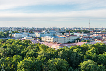 Cityscape of old town of Saint Petersburg, Aerial view from Saint Isaac’s Cathedral (or Isaakievskiy Sobor), in Saint Petersburg, Russia.
