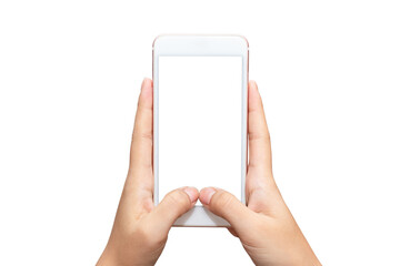 Close up women's hand holding smartphone and hand gesture like playing game with blank white screen for put it on your own webpage or message isolated on white background