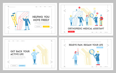 Obraz na płótnie Canvas Orthopedics Healthcare Appointment Landing Page Template Set. Doctor Orthopedist Characters at Huge Leg Bone, Nurse with Magnifying Glass. Medical Hospital Concilium. Linear People Vector Illustration