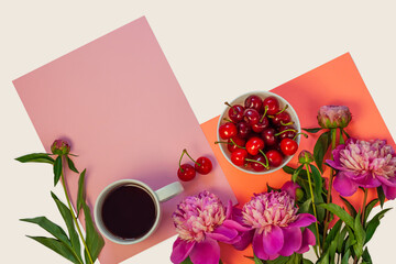 Still life with cup of coffee, sweet cherries and peony flowers on white background. Creative minimalism pink purple colors flat lay. Summer template for feminine blog, female social media copy space.