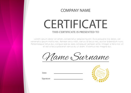 Modern pink or purple violet color certificate or diploma A4 horisontal template design vector illustration mock-up. EPS 10