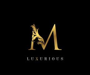 Gold Elegant letter M. Graceful style icon. Calligraphic beautiful logo. Vintage drawn emblem for book design, brand name, wedding card, Restaurant, Boutique, Hotel.