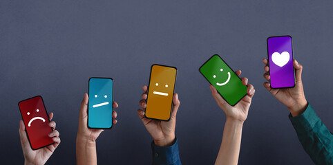 Customer Experiences Concept. Group of Diversity People Giving Feedback via Mobile Phone, from...