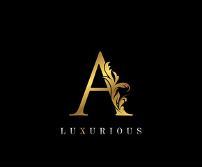 Gold Elegant letter A. Graceful style icon. Calligraphic beautiful logo. Vintage drawn emblem for book design, brand name, wedding card, Restaurant, Boutique, Hotel.