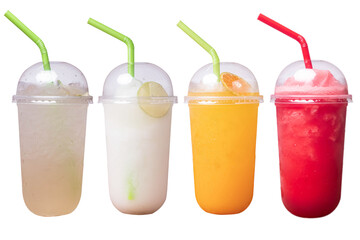 Tasty fruit cocktails in plastic cups isolated on white