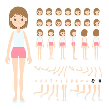 Young woman in white singlet and brown shorts. Front, back, side, 3/4 view, turn around character. Flat cartoon girl with parts of body, face expression, arm, leg, and hand pose. Vector illustration.