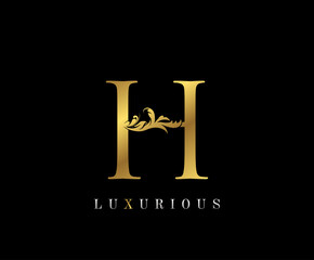 Gold Elegant letter H. Graceful style icon. Calligraphic beautiful logo. Vintage drawn emblem for book design, brand name, wedding card, Restaurant, Boutique, Hotel.