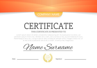 Modern ornage color certificate or diploma A4 horisontal template design vector illustration mock-up. EPS 10