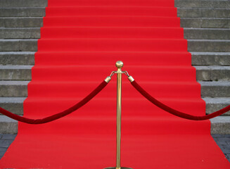 Elegant long red carpet on the wide steps of historic building