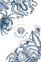 Seafood design template. Hand drawn vector seafood illustration. Engraved style food banner. Vintage sea animals background